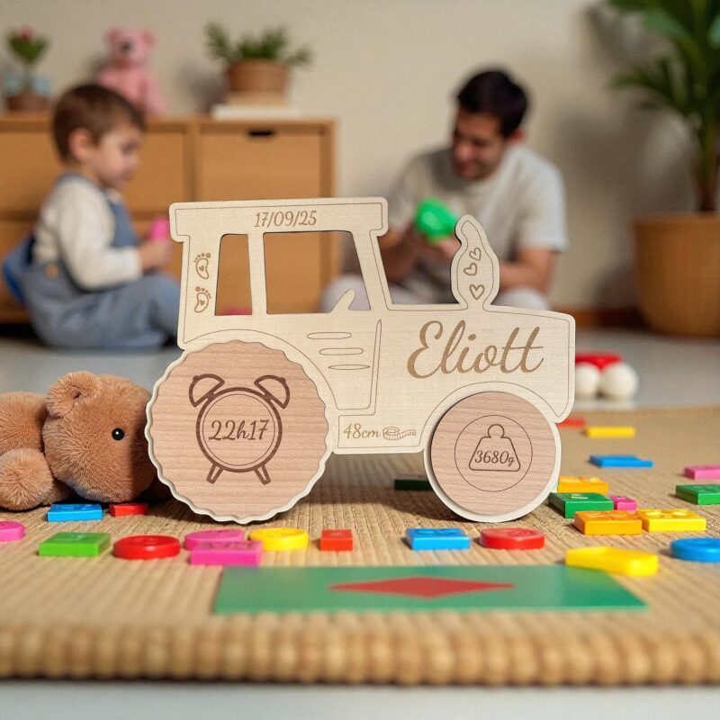 Déco Tracteur en bois à graver, Style Faire part de Naissance