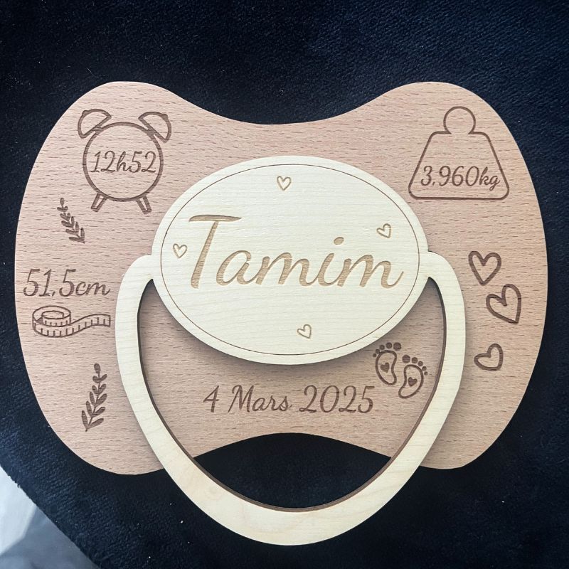 Tétine en bois à graver, type Faire part de Naissance