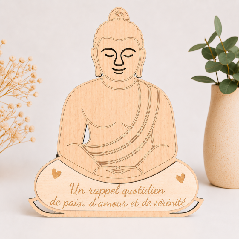 Bouddha en bois personnalisé avec gravure sur érable, décoration zen en hêtre et érable fabriquée en France.