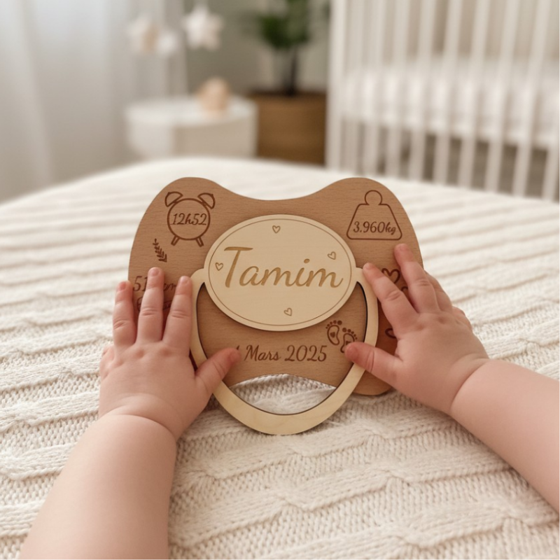 Tétine en bois à graver, type Faire part de Naissance