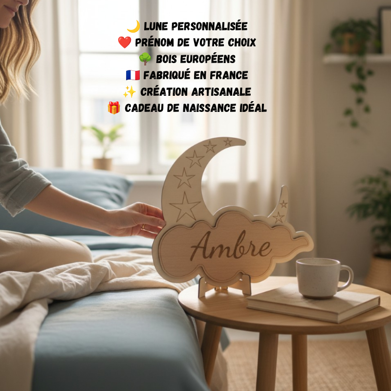 Prénom gravé sur bois, déco Lune - Cadeau de naissance