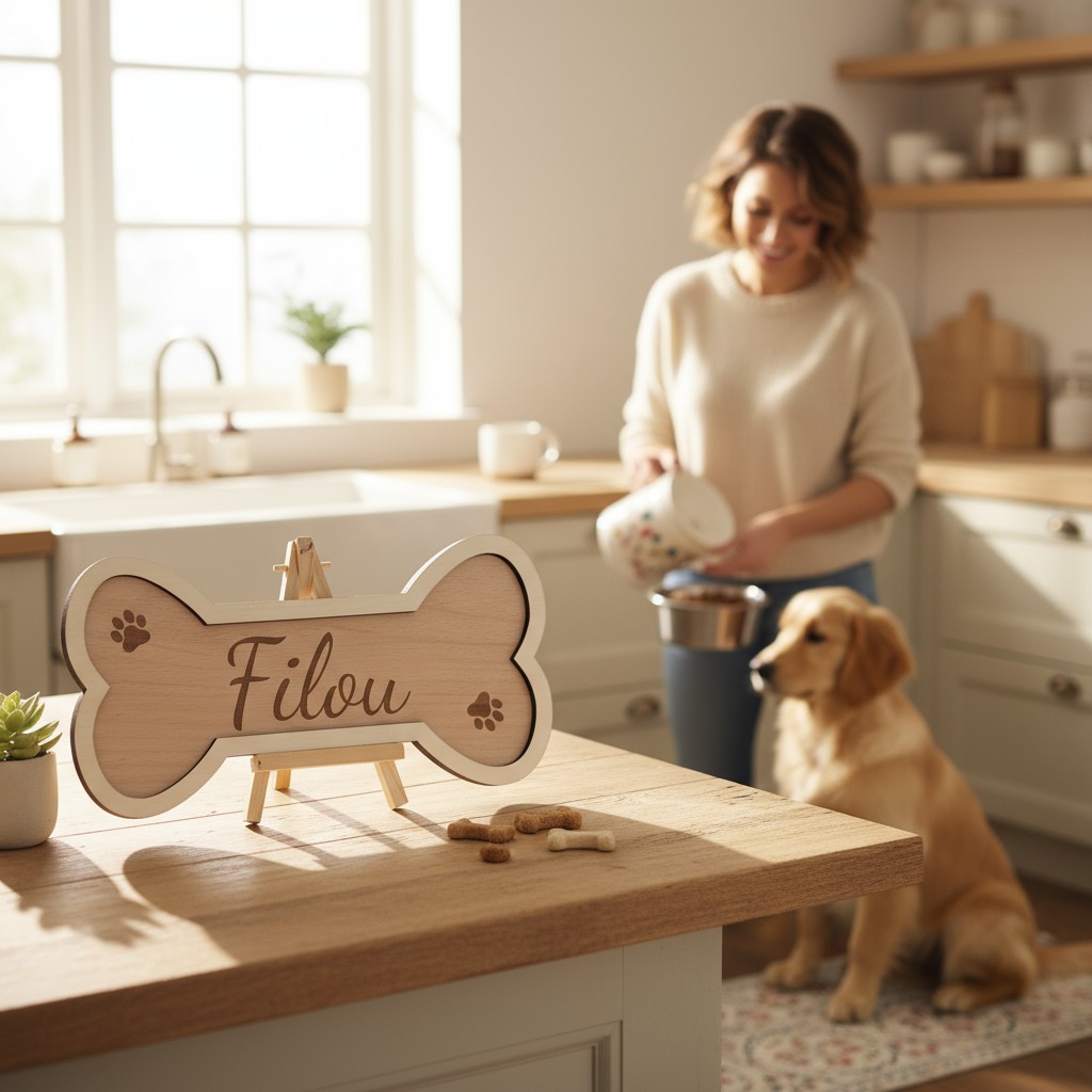 Os en bois gravé, plaque pour chien personnalisée