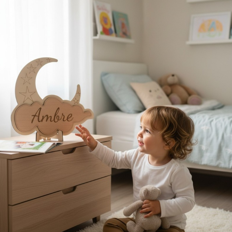 Prénom gravé sur bois, déco Lune - Cadeau de naissance