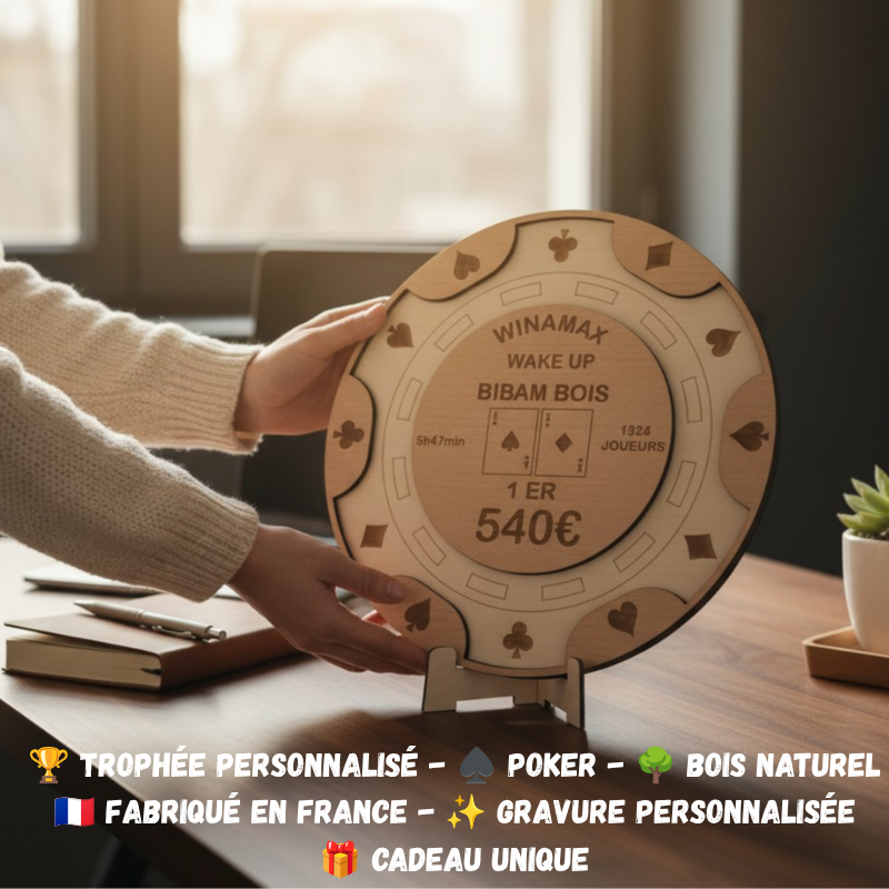 Trophée Tournoi Poker en bois, à personnaliser