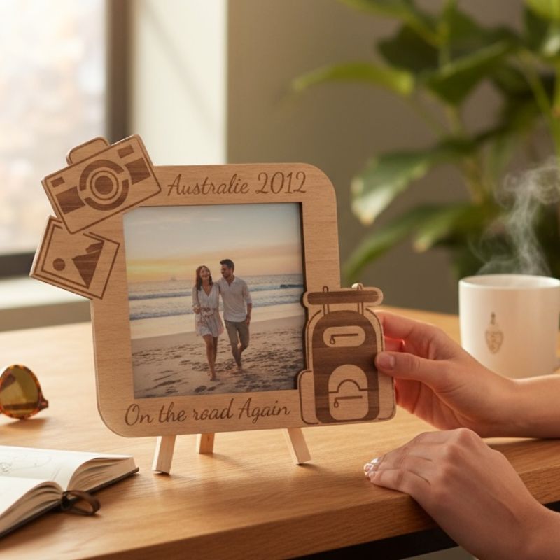 Cadre photo bois carré, personnalisé "Sac à dos"