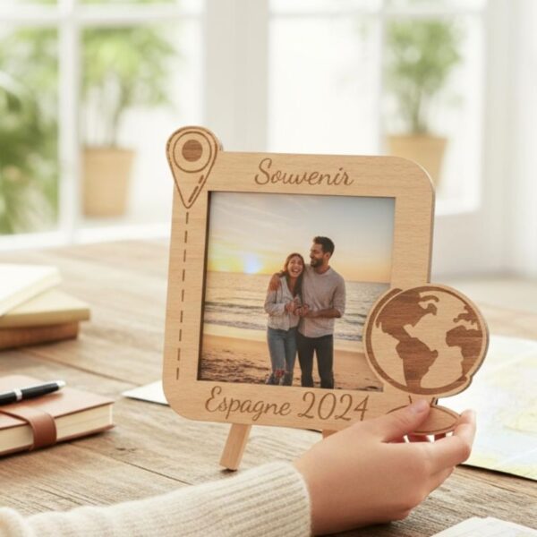 Cadre photo carré en bois personnalisé "Vacances" avec gravure "Souvenir Espagne 2024", décor artisanal globe et épingle. | Cadeau personnalisé en bois | Bibam Bois
