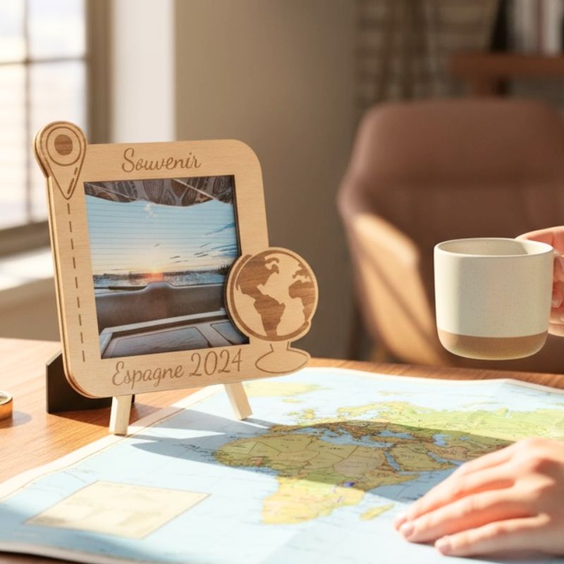 Cadre photo bois carré, personnalisé "Vacances"