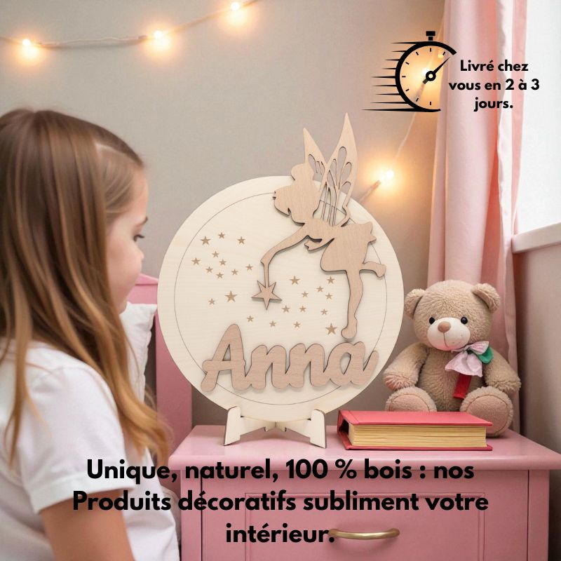 Prénom enfant gravé sur bois, Fée clochette