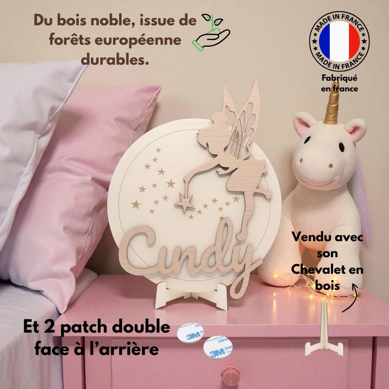 Prénom enfant gravé sur bois, Fée clochette