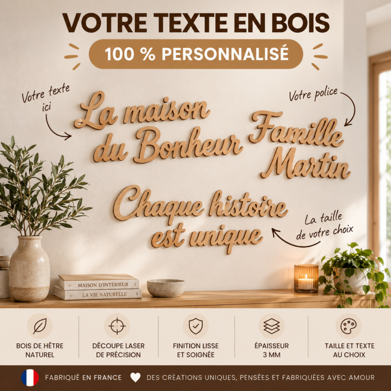 Texte en Bois Découpé Personnalisé – La Décoration Murale qui Raconte Votre Histoire