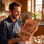 Homme heureux recevant une planche apéro en bois gravée artisanale – Cadeau BiBamBois