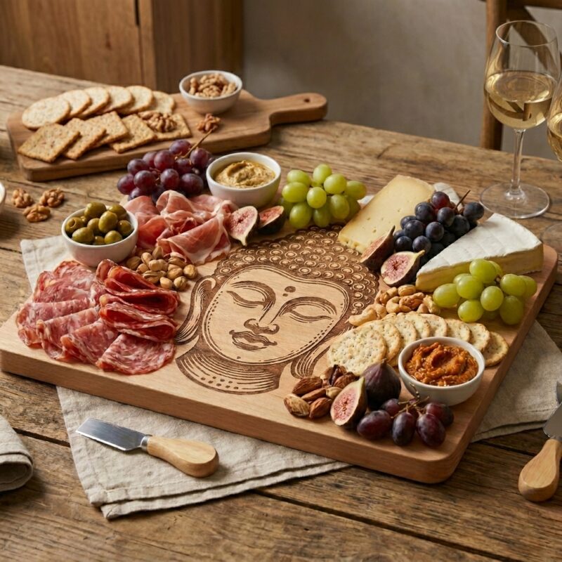 Planche à découper en bois personnalisée, gravée artisanalement en France, présentée garnie de fromages et gourmandises. | Cadeau personnalisé en bois | Bibam Bois