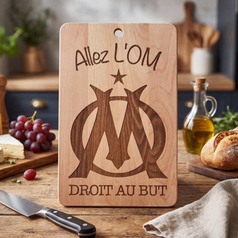Planche apéro en hêtre massif, gravée logo OM et "Allez LOM", fabrication artisanale française. | Cadeau personnalisé en bois | Bibam Bois