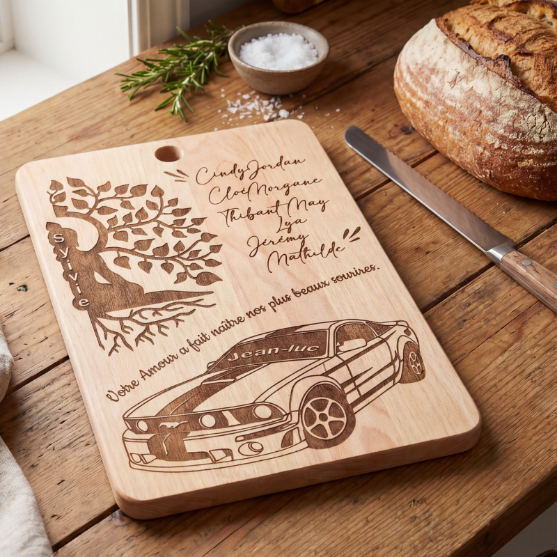 Planche à découper en bois personnalisée, gravée d'un arbre, de prénoms et d'une citation, création artisanale unique. | Cadeau personnalisé en bois | Bibam Bois