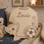 Maillot de foot de naissance personnalisé en bois gravé avec le prénom, la date de naissance, le poids et la taille du bébé.