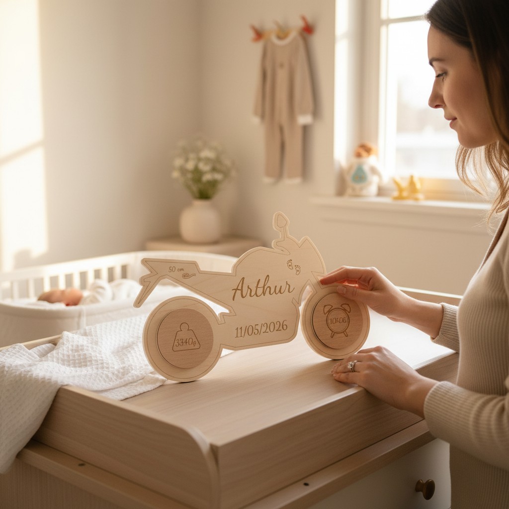 Moto de Naissance Personnalisée en Bois – Prénom, Date, Poids et Taille