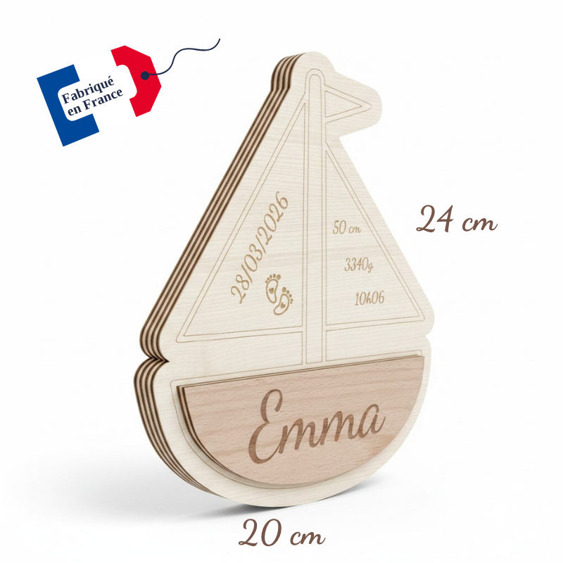 Bateau de Naissance Personnalisé en Bois – Prénom, Date, Poids et Taille