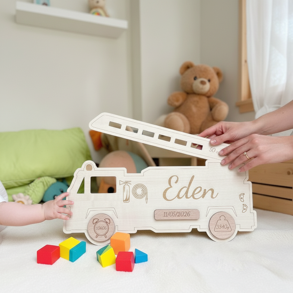 Camion de Pompier de Naissance Personnalisé en Bois – Prénom, Date, Poids et Taille