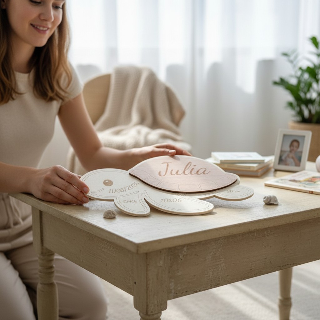 Tortue de Naissance Personnalisée en Bois – Prénom, Date, Poids et Taille