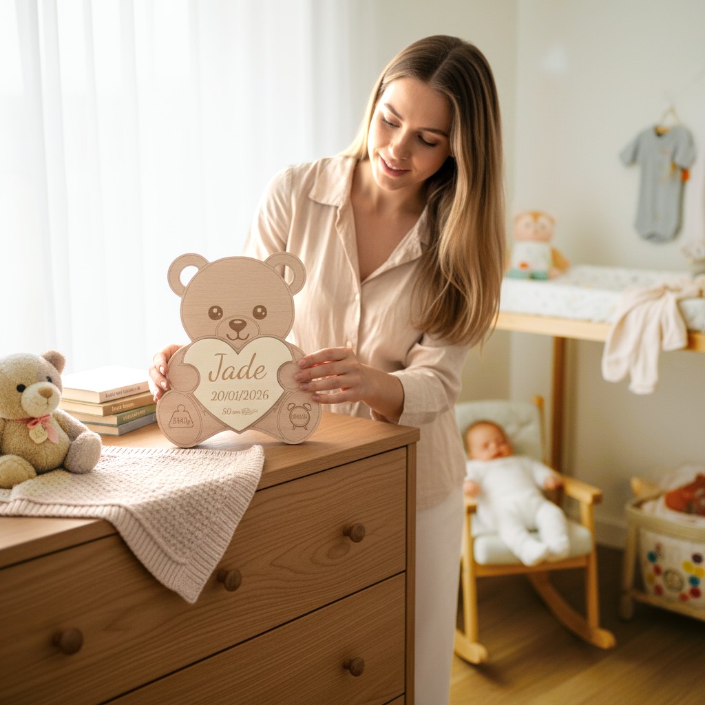 Nounours de Naissance Personnalisé en Bois – Prénom, Date, Poids et Taille
