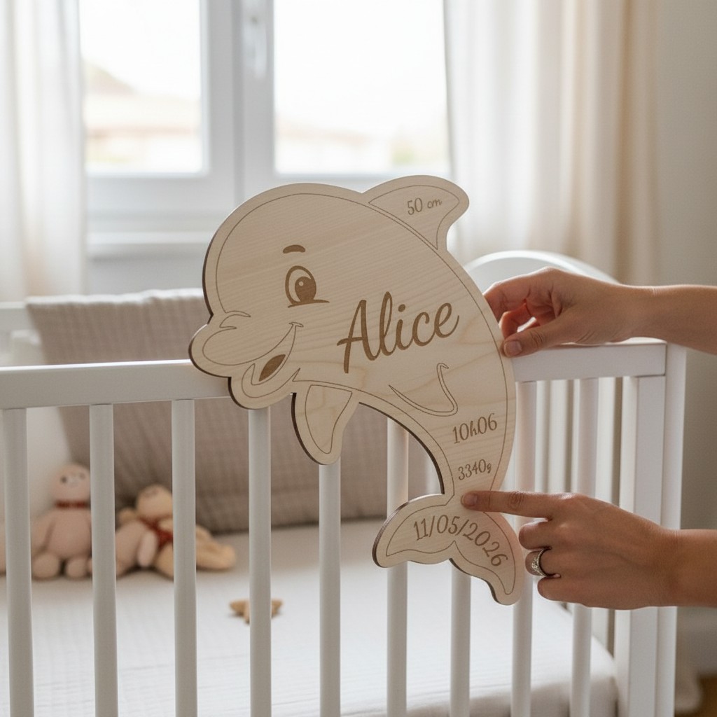 Dauphin de Naissance Personnalisé en Bois – Prénom, Date, Poids et Taille