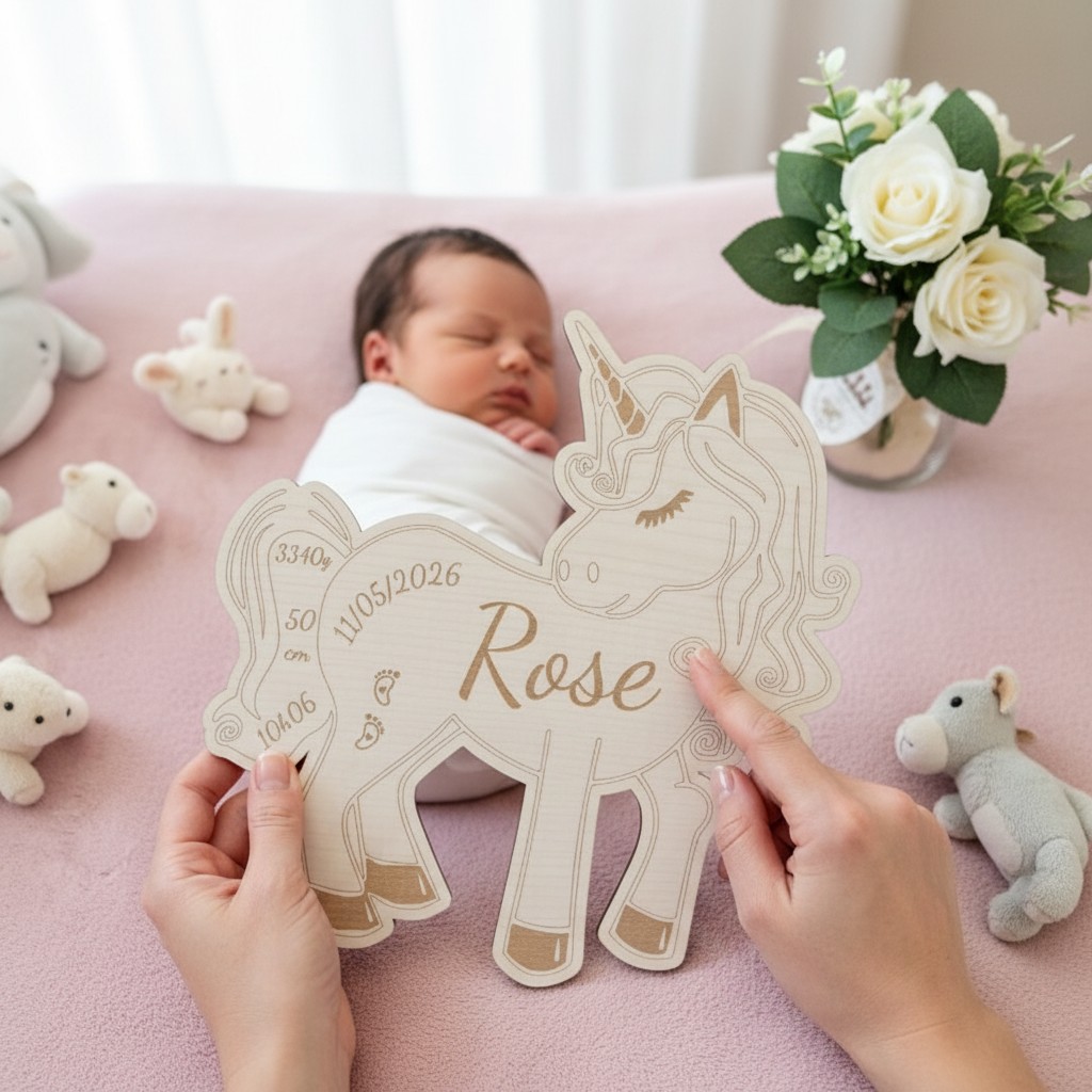 Licorne de Naissance Personnalisée en Bois – Prénom, Date, Poids et Taille