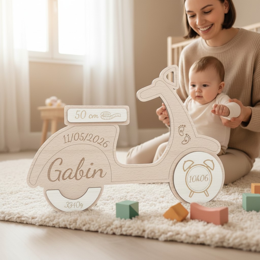 Scooter de Naissance Personnalisé en Bois – Prénom, Date, Poids et Taille