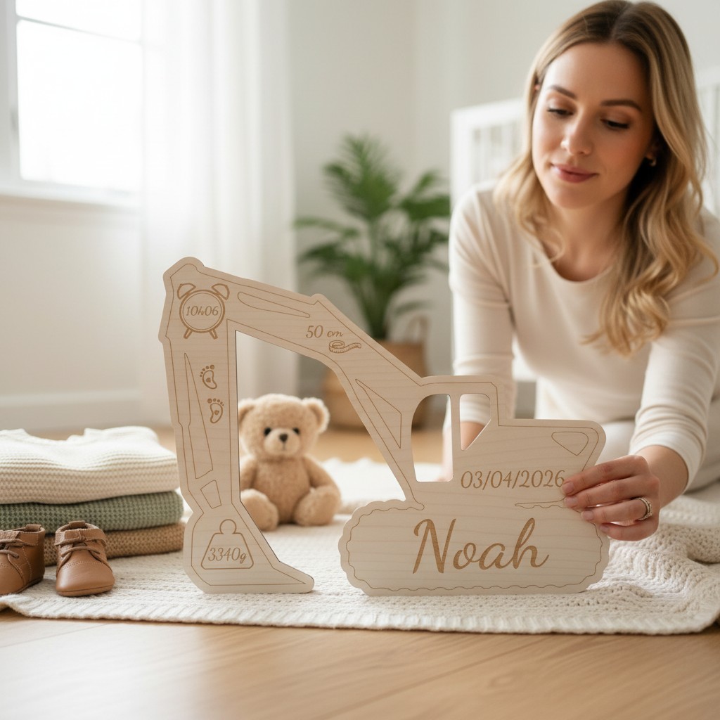 Pelleteuse de Naissance Personnalisée en Bois – Prénom, Date, Poids et Taille