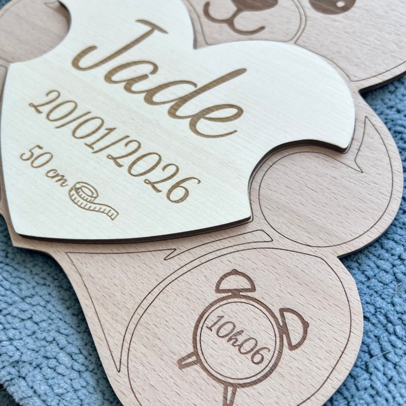 Nounours de Naissance Personnalisé en Bois – Prénom, Date, Poids et Taille