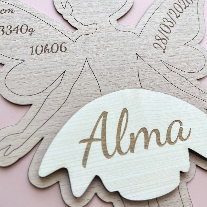 Fée Clochette de Naissance Personnalisée en Bois – Prénom, Date, Poids et Taille