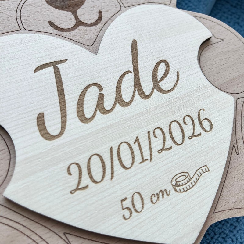 Nounours de Naissance Personnalisé en Bois – Prénom, Date, Poids et Taille