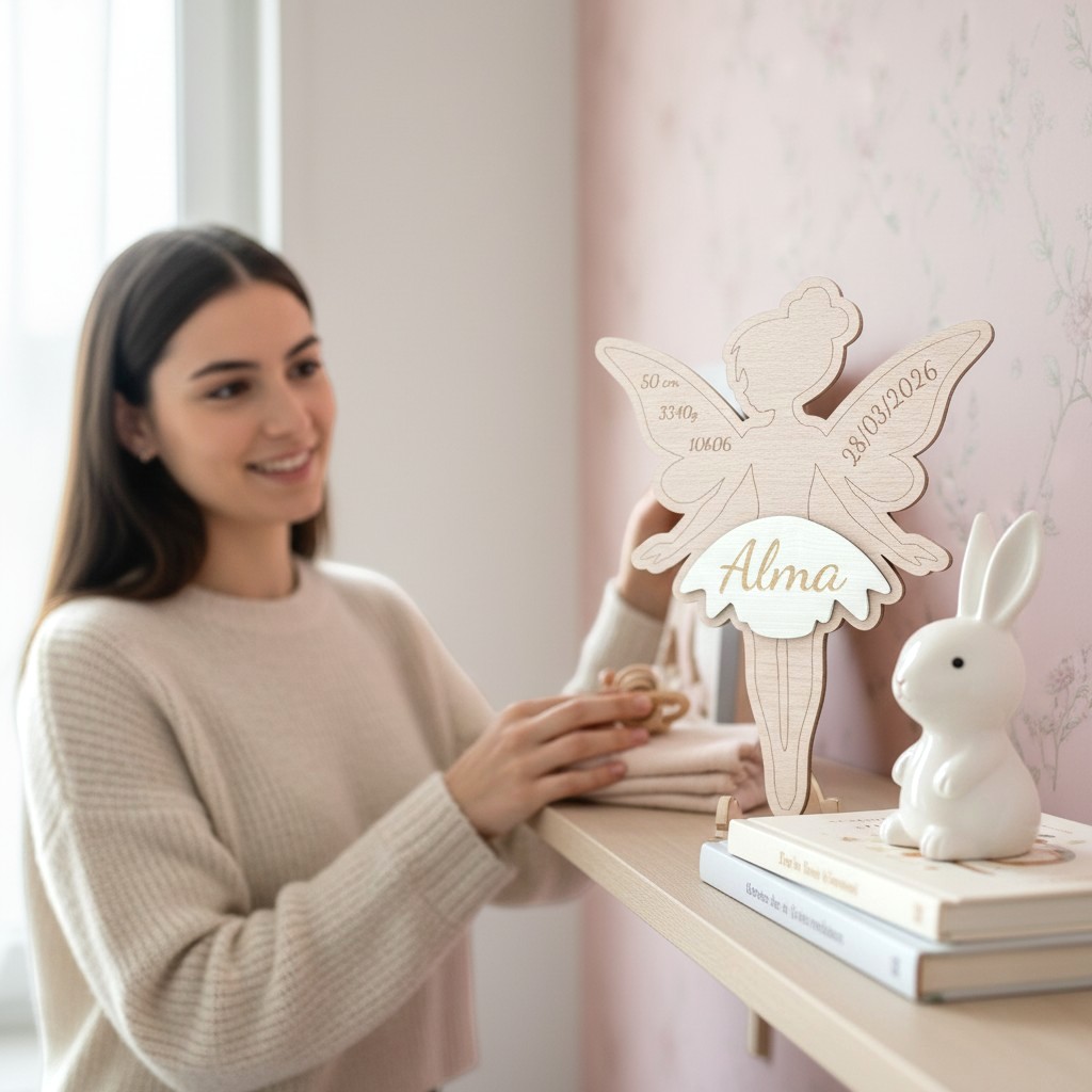 Fée Clochette de Naissance Personnalisée en Bois – Prénom, Date, Poids et Taille