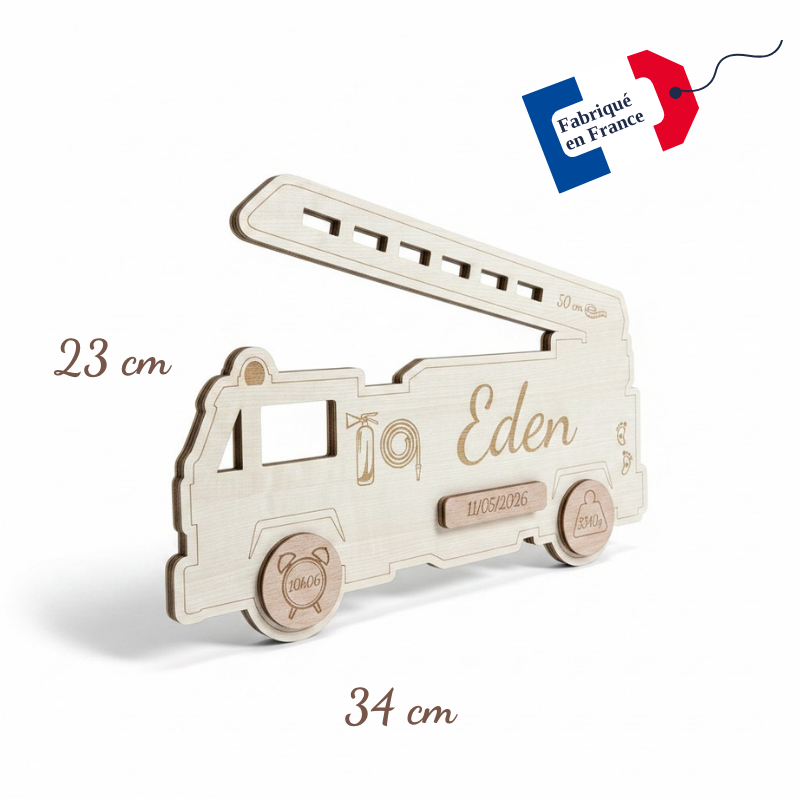Camion de Pompier de Naissance Personnalisé en Bois – Prénom, Date, Poids et Taille