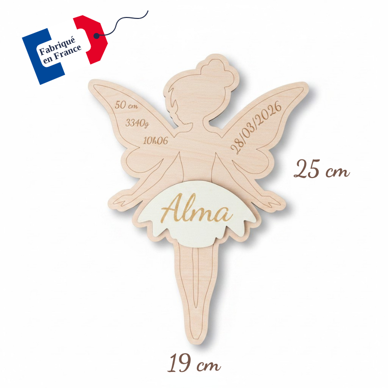 Fée Clochette de Naissance Personnalisée en Bois – Prénom, Date, Poids et Taille