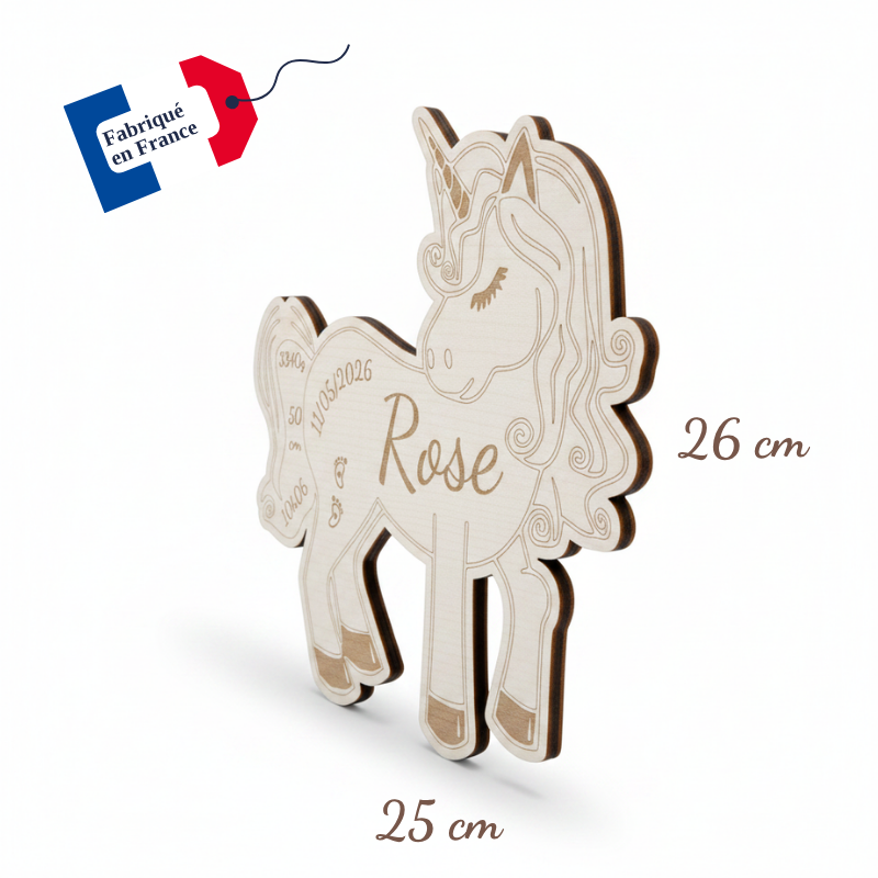 Licorne de Naissance Personnalisée en Bois – Prénom, Date, Poids et Taille