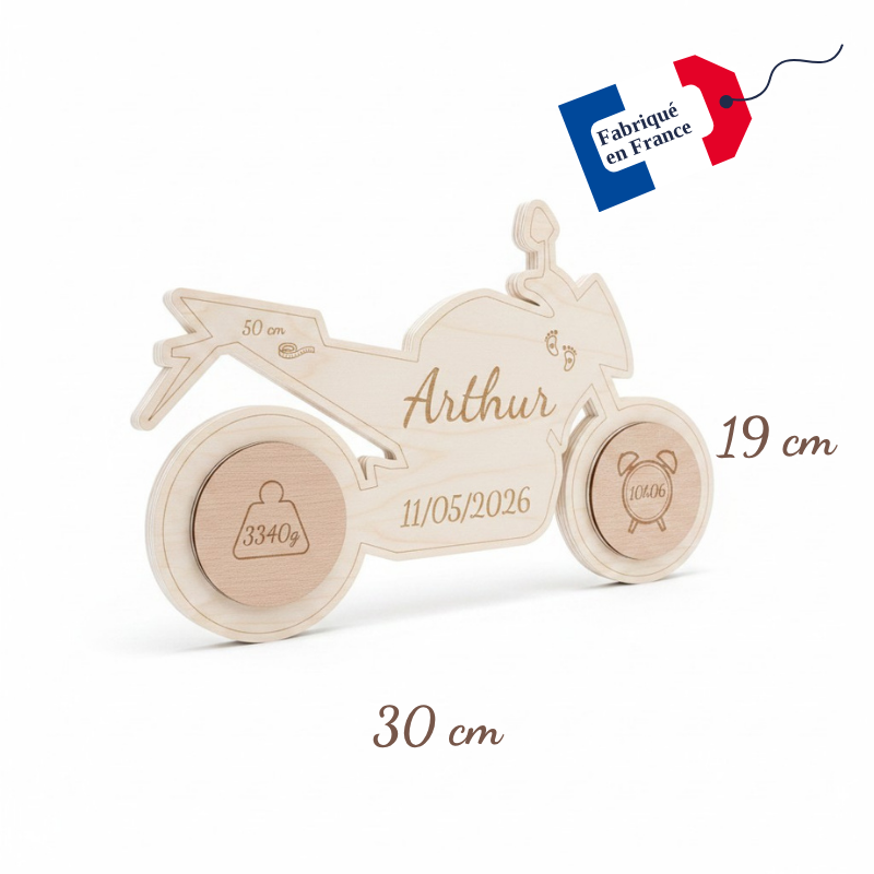 Moto de Naissance Personnalisée en Bois – Prénom, Date, Poids et Taille