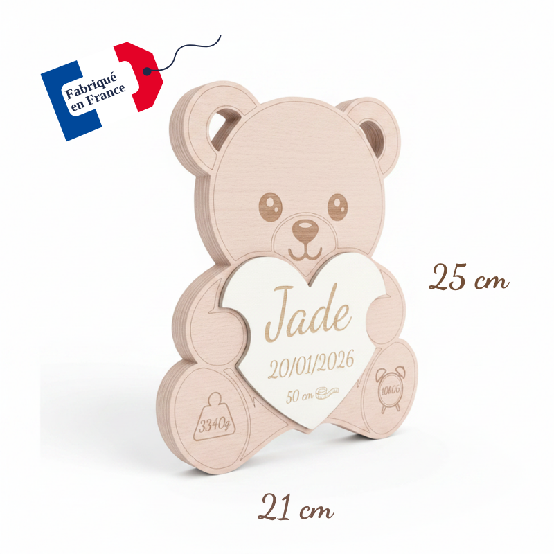 Nounours de Naissance Personnalisé en Bois – Prénom, Date, Poids et Taille