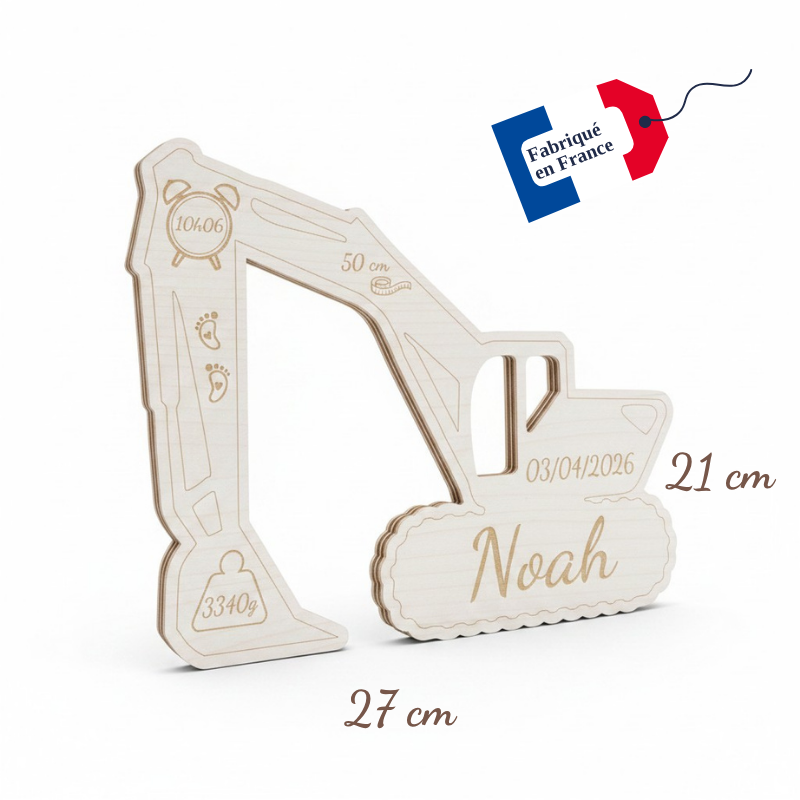 Pelleteuse de Naissance Personnalisée en Bois – Prénom, Date, Poids et Taille