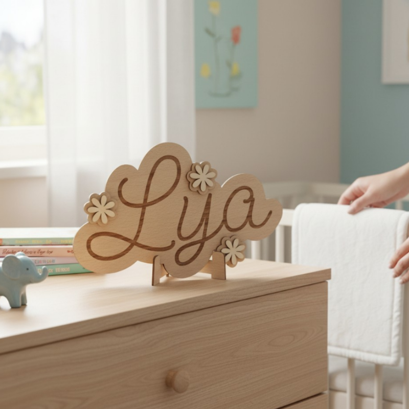 Prénom personnalisé en bois avec fleurs décoratives en hêtre et érable pour chambre d’enfant.