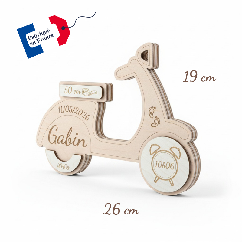 Scooter de Naissance Personnalisé en Bois – Prénom, Date, Poids et Taille