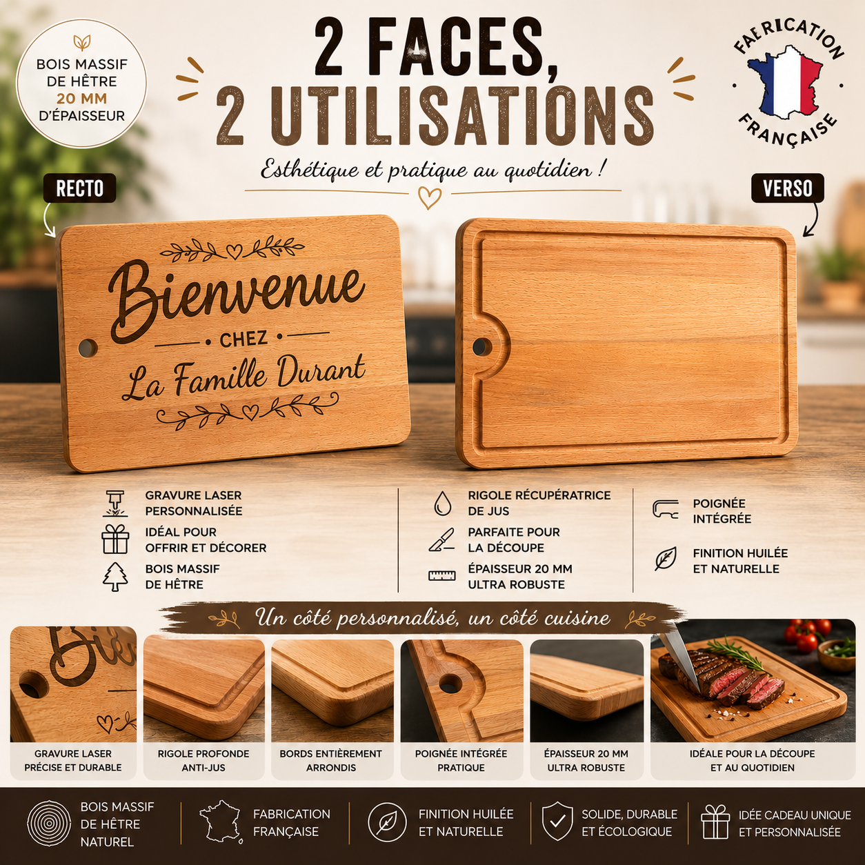 Planche à découper personnalisée en bois massif de hêtre 40 x 26 x 2 cm – Gravure laser – Fabrication française