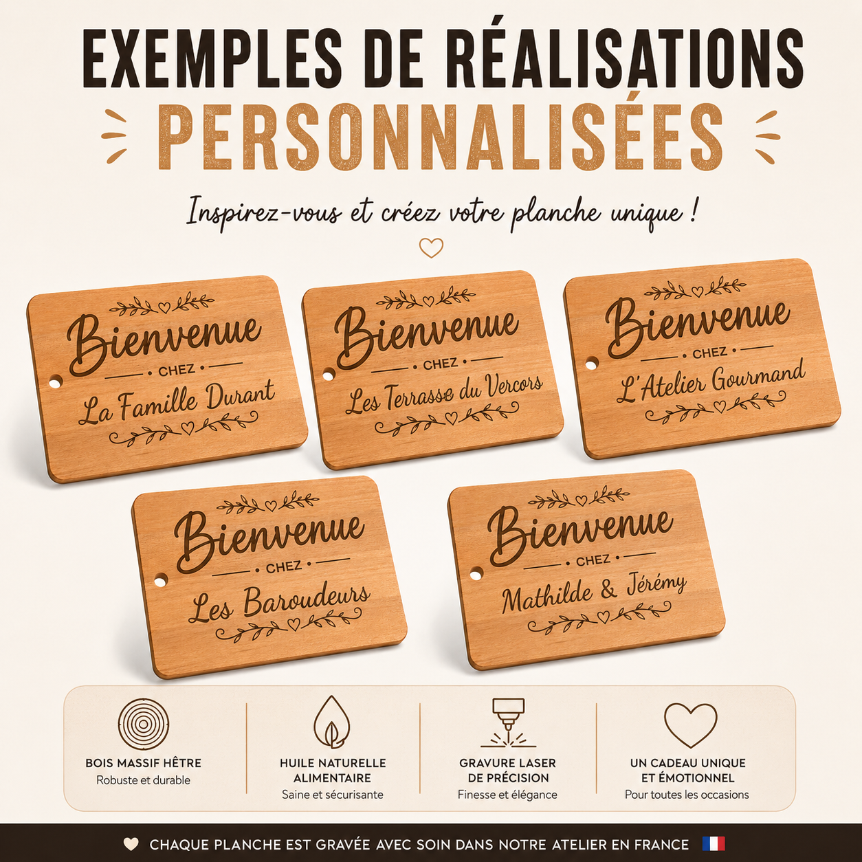 Planche à découper personnalisée en bois massif de hêtre 40 x 26 x 2 cm – Gravure laser – Fabrication française