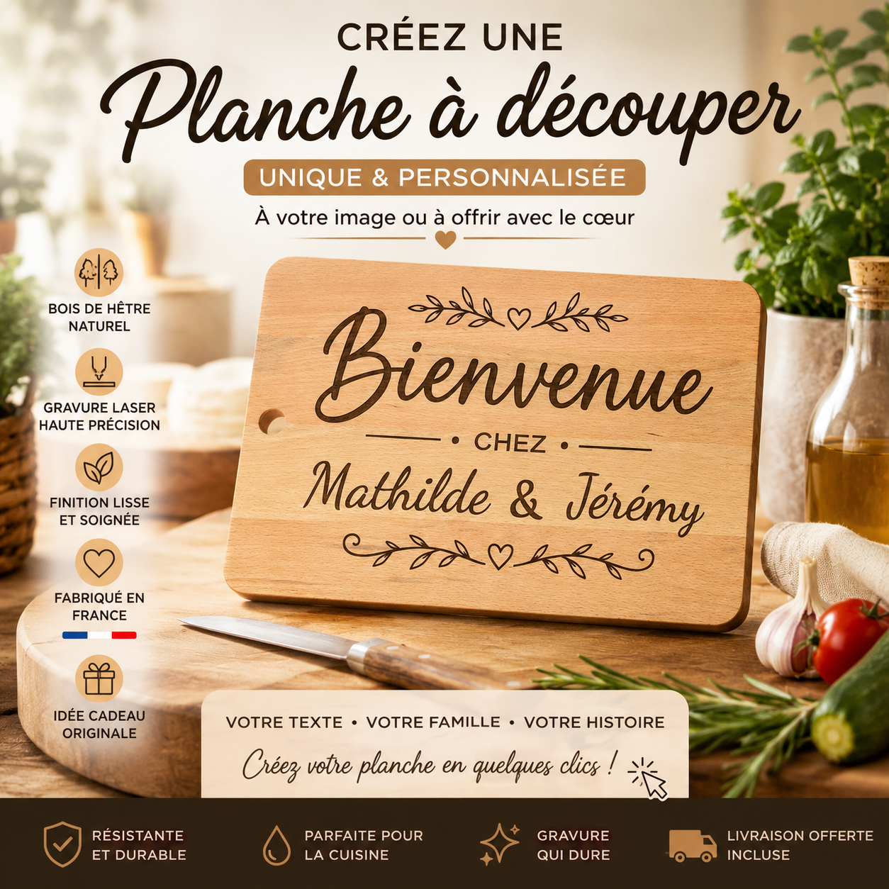 Planche à découper personnalisée en bois massif de hêtre 40 x 26 x 2 cm – Gravure laser – Fabrication française