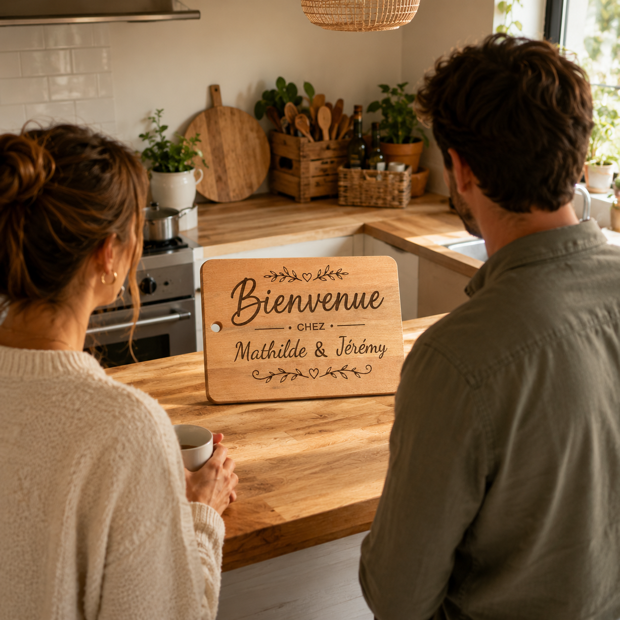 Planche à découper personnalisée en bois massif de hêtre 40 x 26 x 2 cm – Gravure laser – Fabrication française