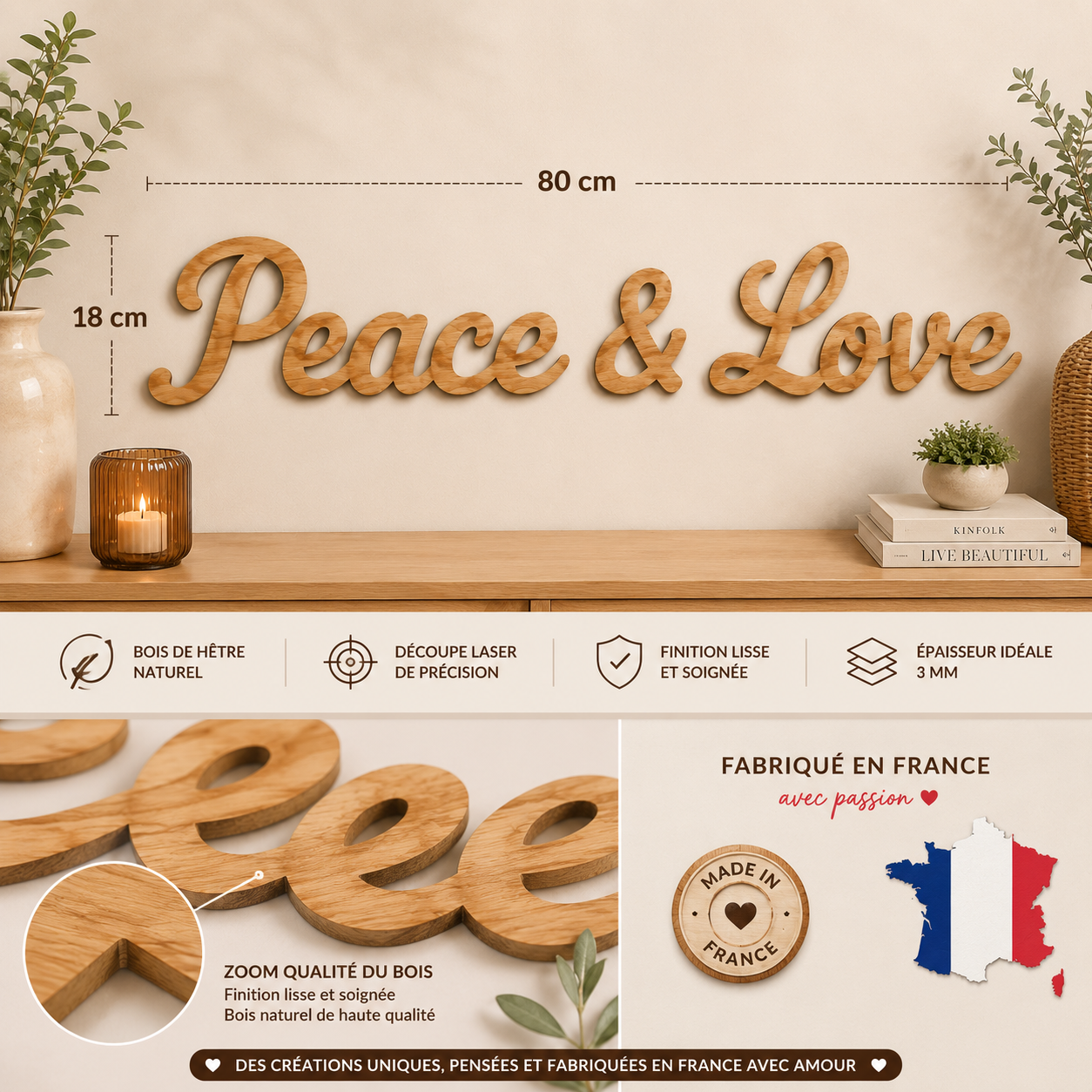 Décoration murale en bois « Peace & Love » – 80 cm