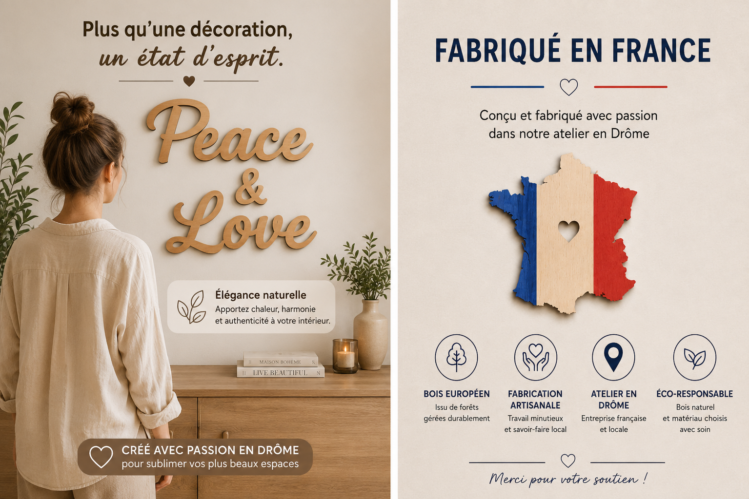 Décoration murale en bois « Peace & Love » – 80 cm