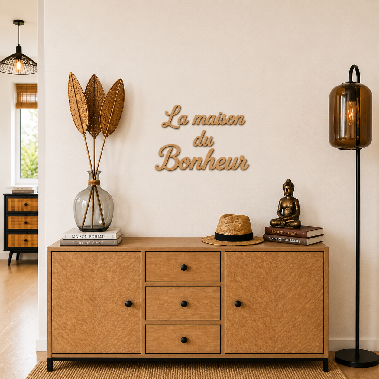 Décoration murale en bois « La maison du Bonheur » – 40 × 30 cm