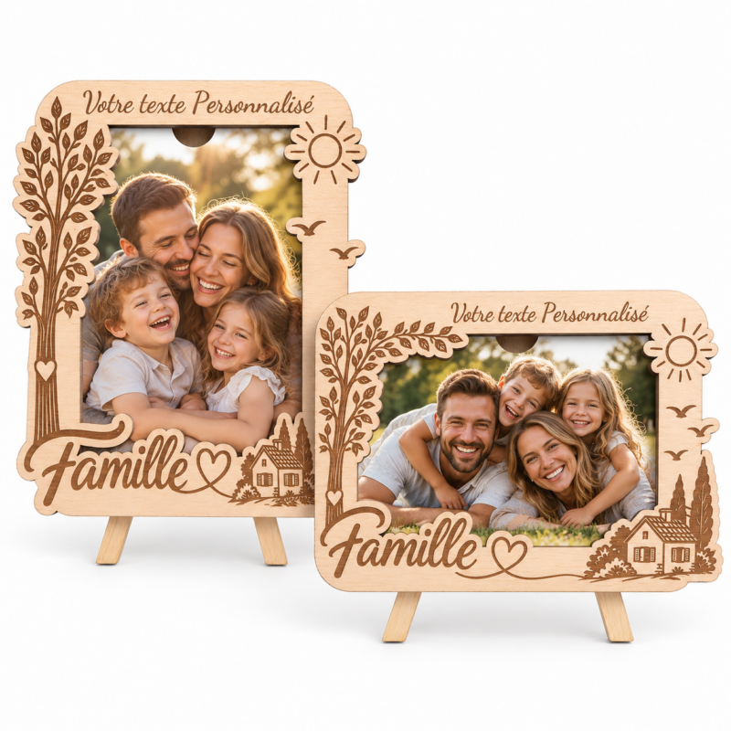 Cadre Photo Personnalisé en Bois – Famille – Texte Gravé sur Mesure