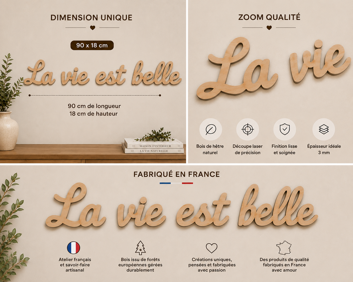 Décoration murale en bois « La vie est belle » – 90 cm