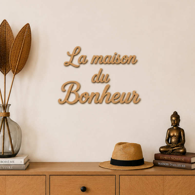 Décoration murale en bois « La maison du Bonheur » – 40 × 30 cm